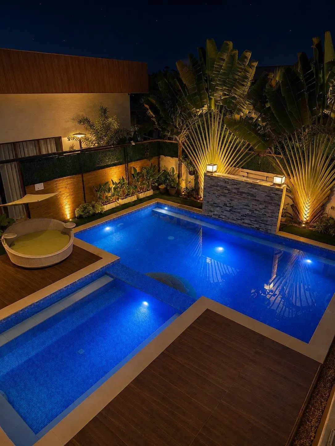 The pool lit blue at night, with the stone waterfall wall